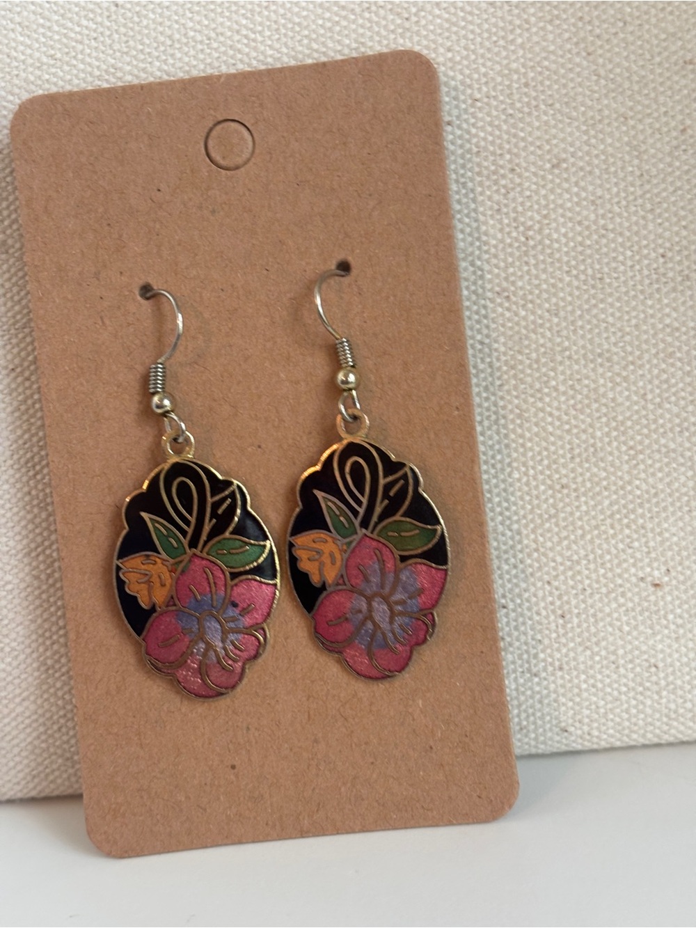 Vintage Cloisonné Floral Enamel Drop Earrings in Pink and Black